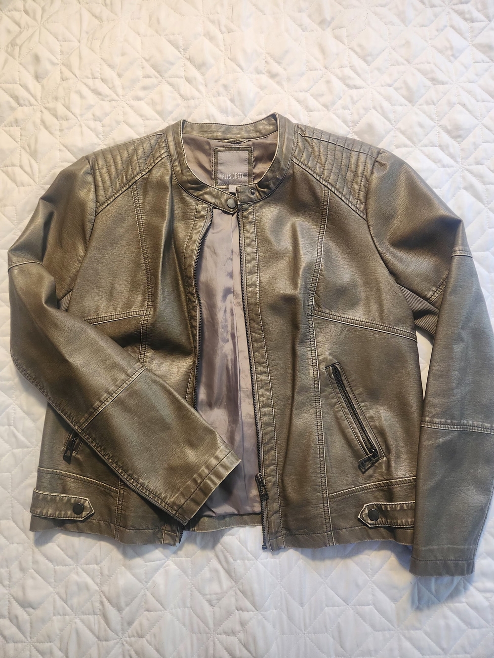 Falls Creek Metallic Brown Faux Leather Moto Jacket